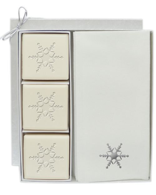 Snowflake Motif 3Pc Soap Set With 12 Silver Embossed Towels