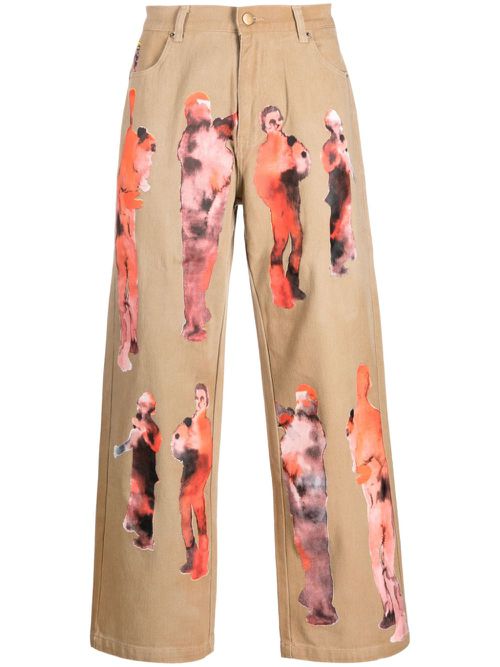 Graphic-print cotton straight-leg jeans - Brown