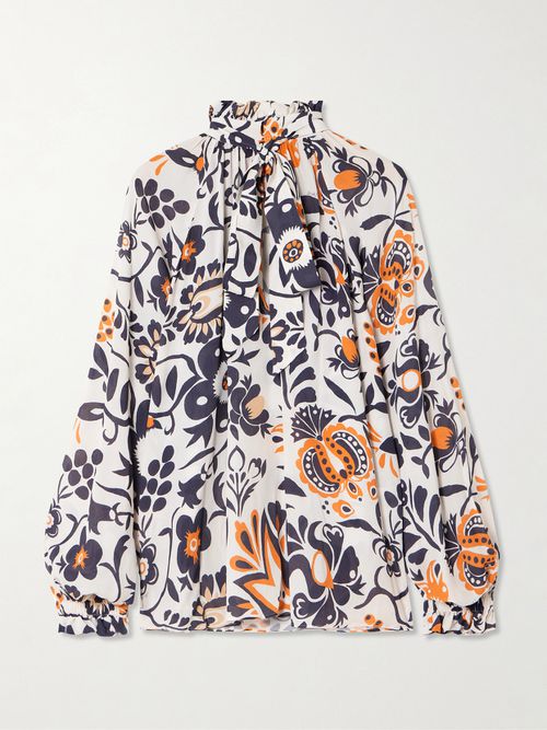 Cerere Ruffled Tie-detailed Printed Crepe Blouse - White