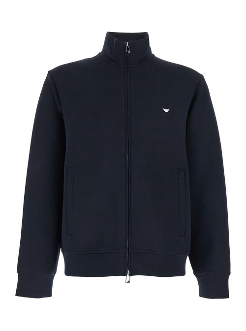 High-Neck Zip-Front Cotton Blend Sweatshirt — Navy