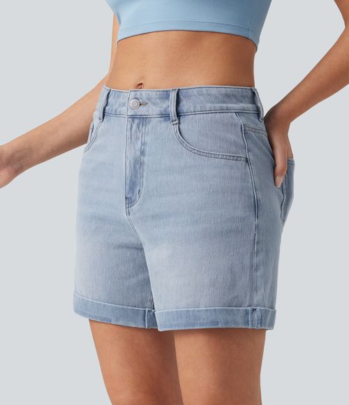 Flex™ Mid Rise Rolled Hem Denim Casual Shorts 5'' with Pockets  - Baltic Sea Blue Denim
