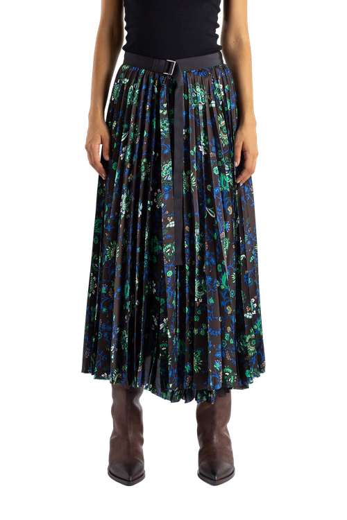 Pleated Floral Print Skirt — Brown