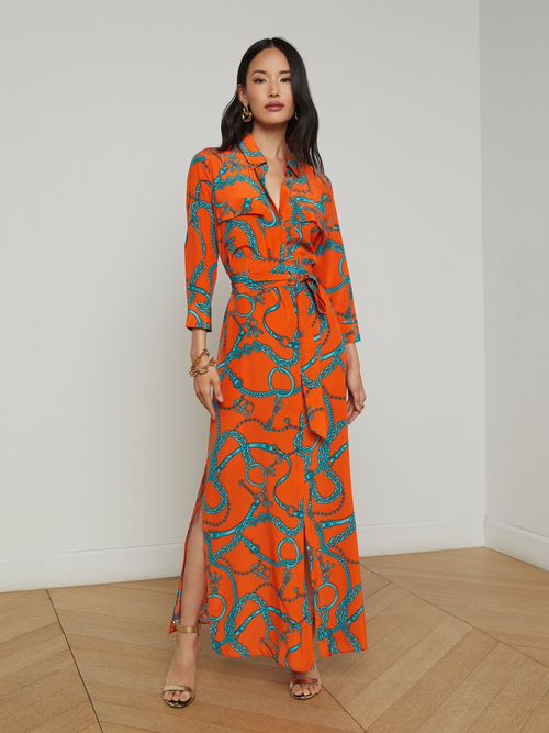 Cameron Silk Shirt Dress In Orange/Teal Buckle Chain