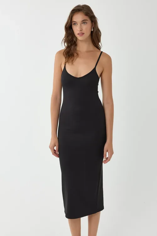 Black V-neck Bodycon Midi Dress With Thin Straps Women
