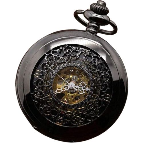 Infinity Leather Unisex Antique Brass Black Alloy Skeleton Half Hunter Pocket Watch - One