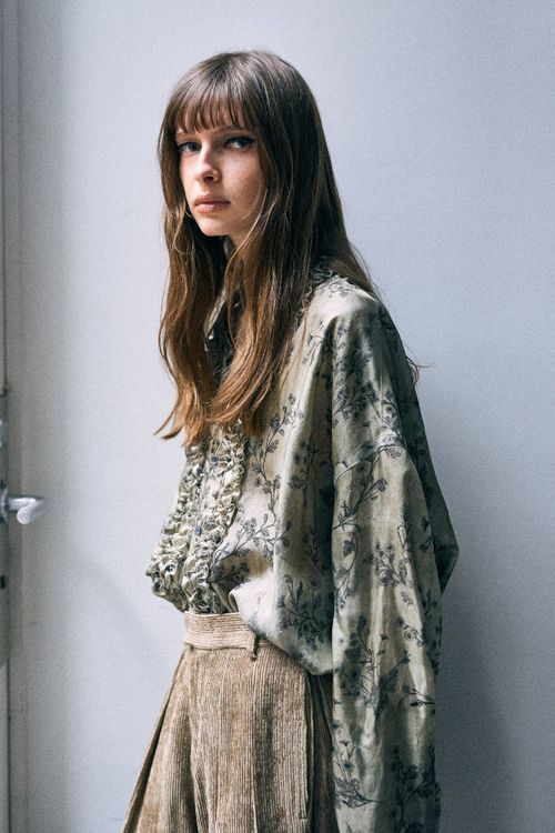 R13 Drop Neck Ruffle Shirt - Green Flora