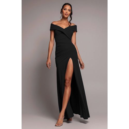 Goddiva Scuba Crepe Off Shoulder Front Split Maxi Dress - Black