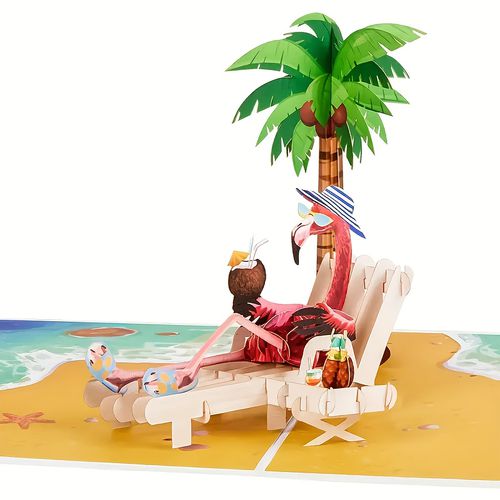 TEMU Flamingo 3d Pop-up Card With Note & Envelope - Vibrant Tropical , Birthdays, Retirement, & Parties! Paper Material, No Power Needed, Summer