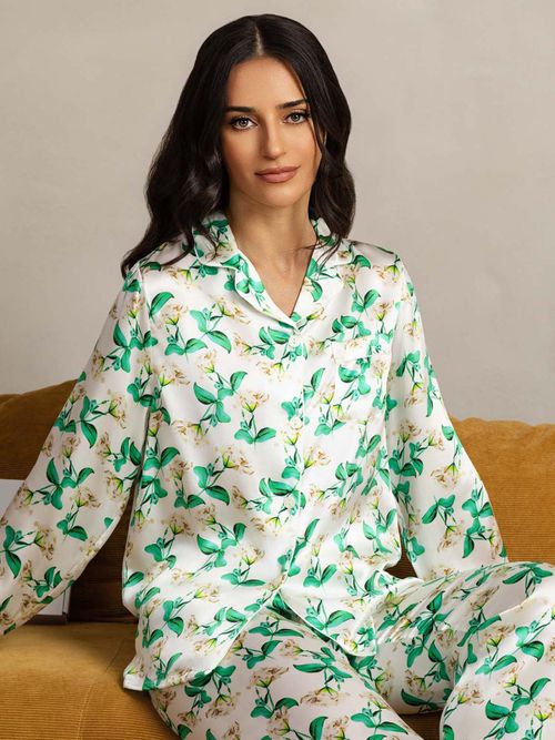 Women's Pure Silk Green Floral Long Sleeve Notch Collar Pajamas Set