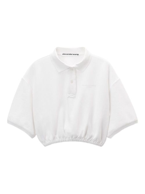 Elasticated-hem cropped polo top - White