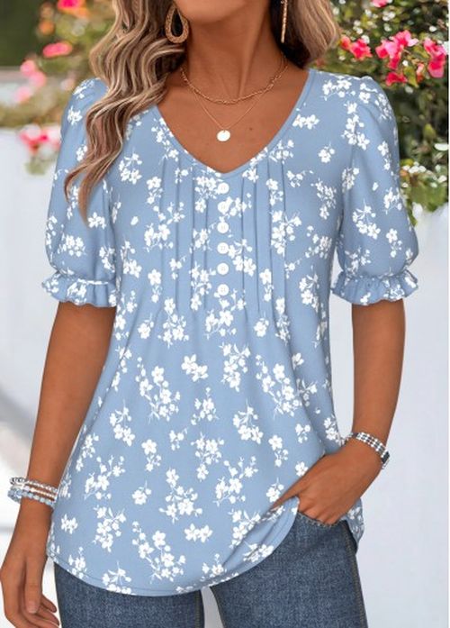 Modlily Light Blue Ditsy Floral Print Curved Hem T Shirt