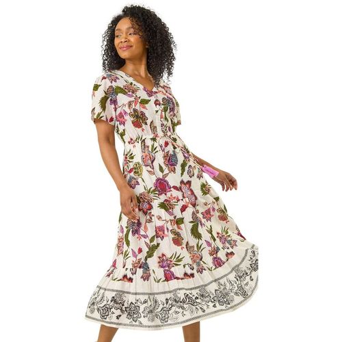 Roman Womens Petite Floral Dobby Print Midi Dress - Ivory
