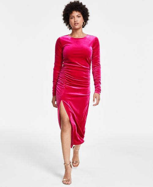 Women's Velvet Ruched Long-Sleeve Dress - Dark Pink