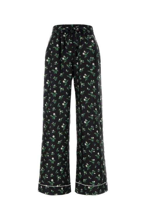 Floral-Printed Silk Trousers — Black