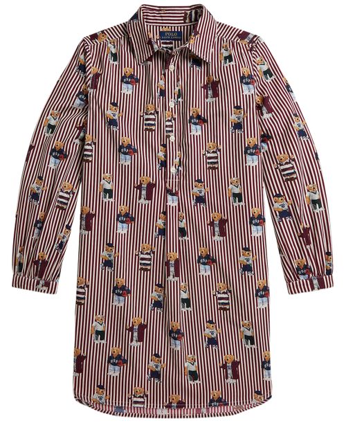 Girls' 7-16 Polo Bear Cotton Poplin Shirt Dress - Bear Stripe