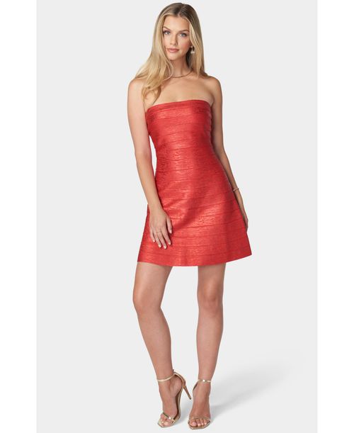 Women's Foil Bandage Strapless A-Line Dress - Metallic red