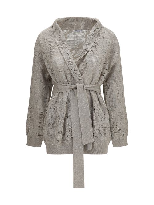 Sequin-Embellished Linen-Cotton Cardigan — Beige
