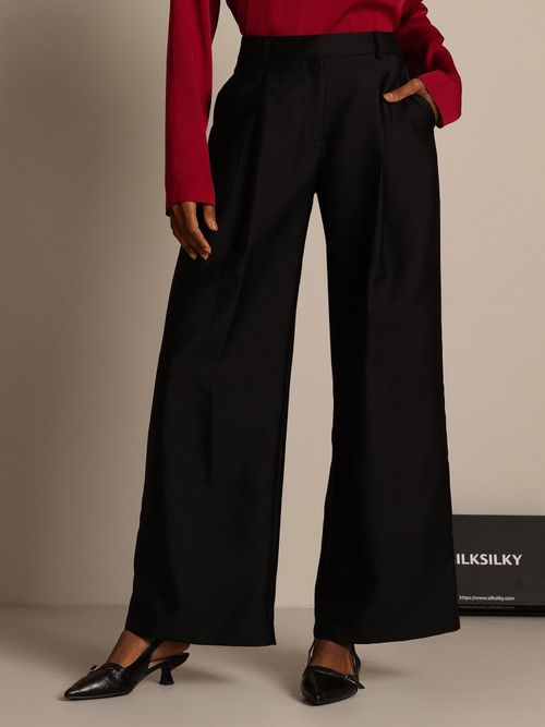 32Momme Silk-Wool Blend High Waist Wide Leg Women's Pants with Side Pockets Design