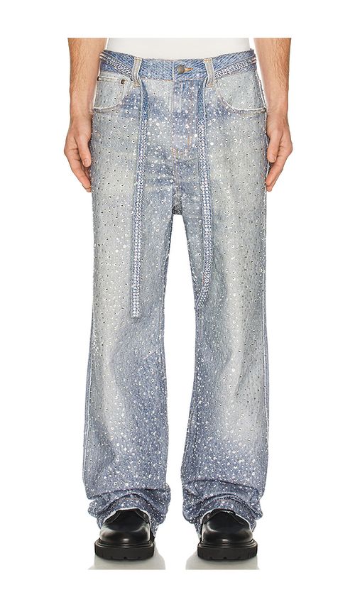 Birth Of Royal Child 3D Printing Washed 20K Swarovski Diamond Boro Pants in Blue. - S also in M, L, XL/1X