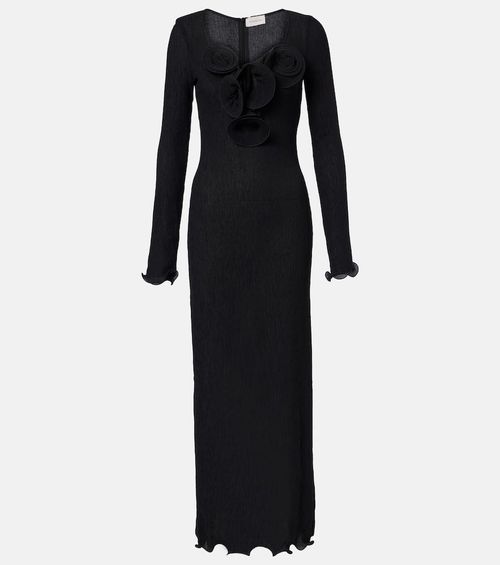 Floral-appliqués sheer maxi dress