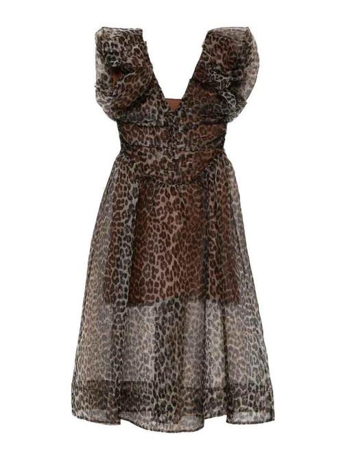 Printed Textured Organza Long Ruched Dress