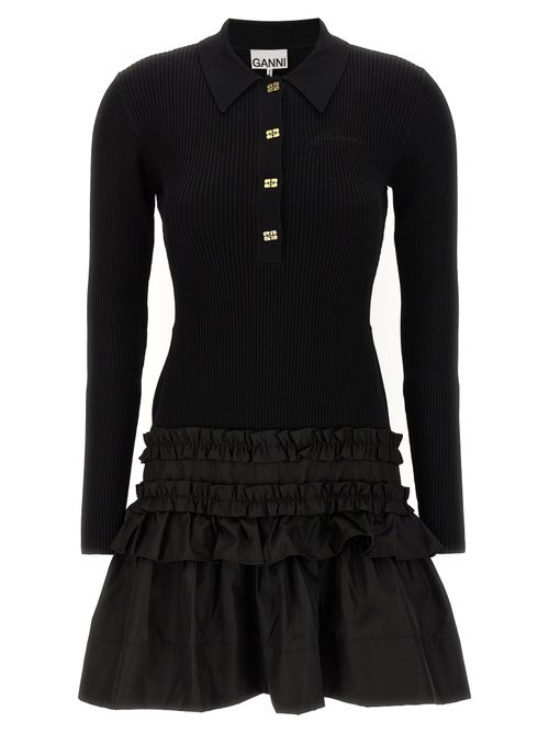 Ribbed Knit Flounced Dress — Black