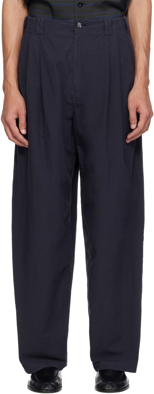 Navy Cotton Typewriter Garment-dyed 3pleated Tapered Trousers