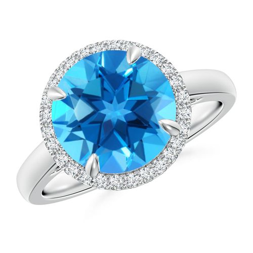 Angara 4.2 Carats Round Swiss Blue Topaz Cathedral Ring with Diamond Halo in Platinum