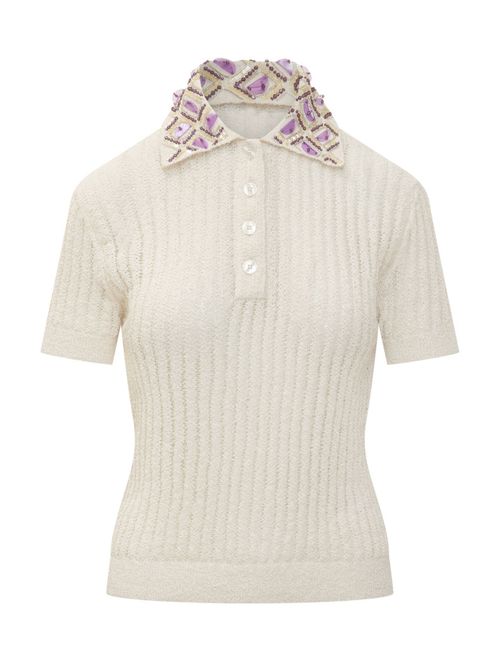 White Embellished Shirt Collar Polo