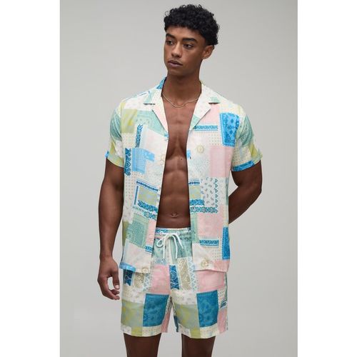 BoohooMAN Mens Bandanna Printed Shirt & Swim Short Set - Pink Viscose - Sma