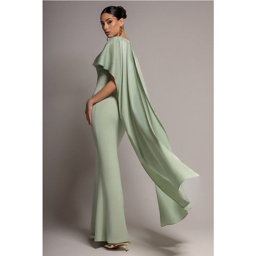 Goddiva Women's Scoop Neck Velvet Satin Cape Sleeve Maxi Dress in Pale Green