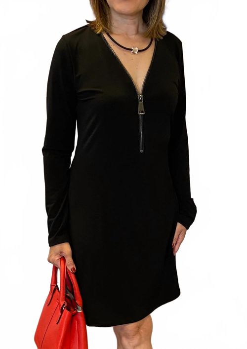 Long Sleeve Zipper Dress In Black