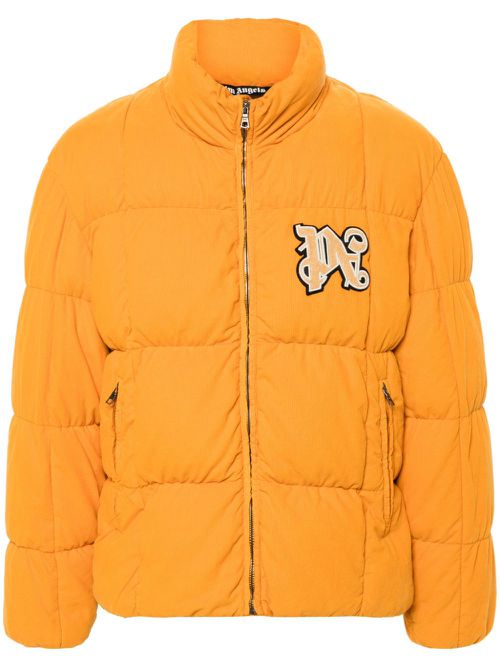 Logo-patch corduroy down jacket - Orange