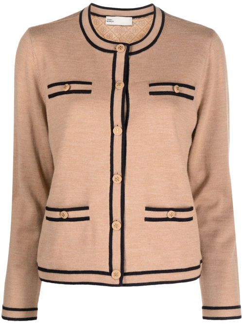 Contrast-trim round neck cardigan - Neutrals
