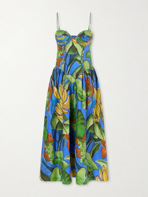 Banana Grapes Printed Linen-blend Midi Dress - Blue