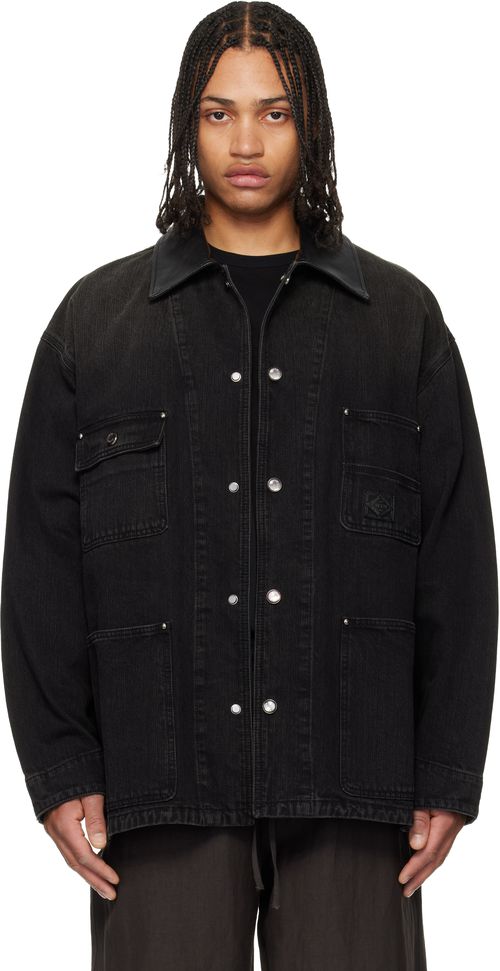 Black Leather Collar Tin-washed Denim Coat
