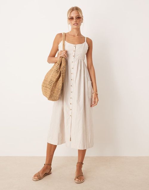 Stripe button down midi dress in stone-Neutral
