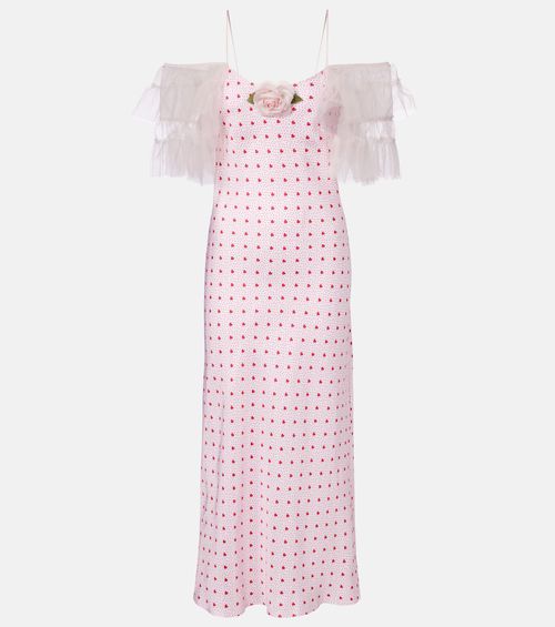 Floral-appliqué printed silk slip dress