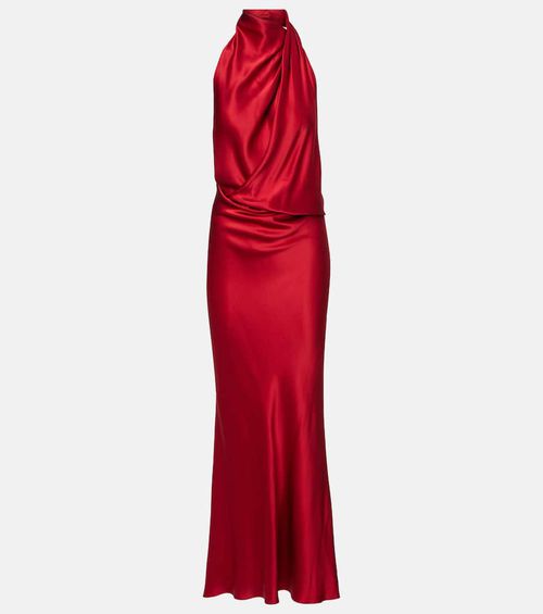 Draped halterneck silk satin gown