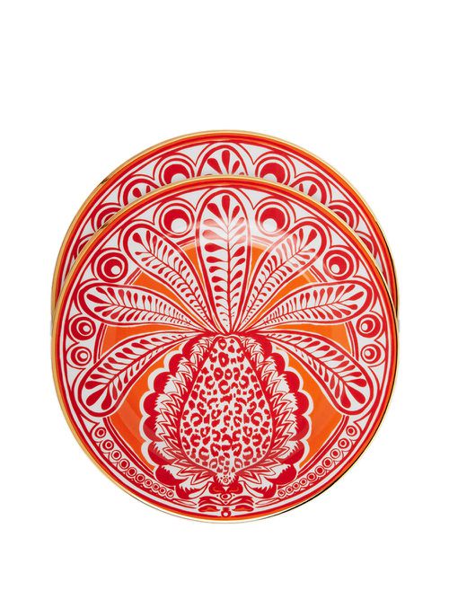 Pineapple-print porcelain dessert plates (set of two) - Orange