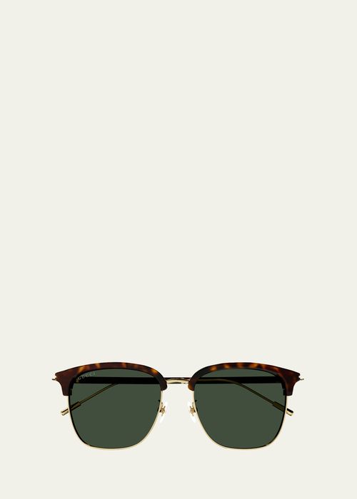 Men's Half-Rim Acetate/Metal Round Sunglasses