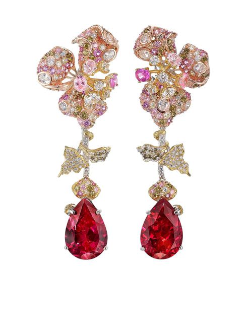 18kt yellow and white gold multi-stone drop earrings - Red