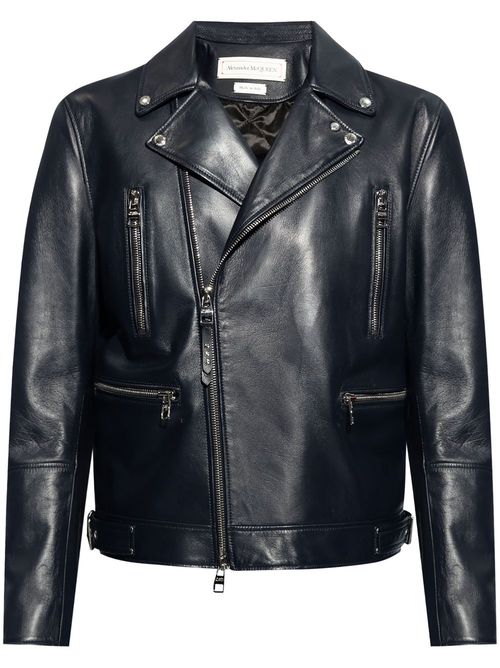 Notched-lapels leather biker jacket - Blue