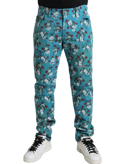 Floral-Print Denim Jeans — Blue