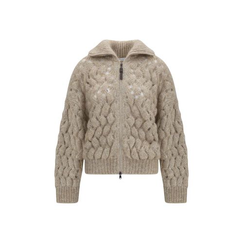 Cable-Knit Mohair Blend Cardigan — Beige