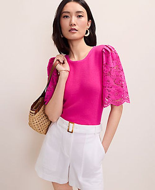 Ann Taylor Petite Lace Trimmed Sweater Top