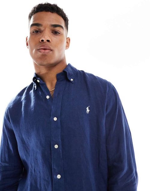 Icon logo linen shirt custom fit in navy