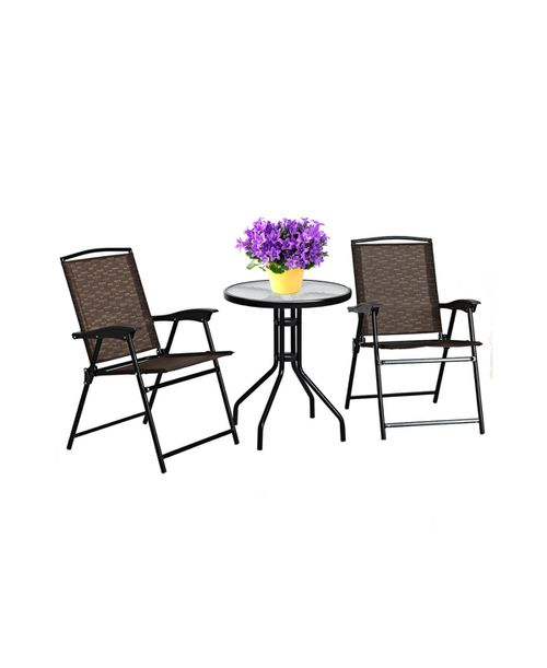 3 Pieces Bistro Patio Garden Furniture Set of Round Table and Folding Chairs - Brown and Black