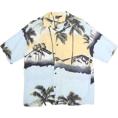 PULL & BEAR Mens Blue & Yellow Tropical Print Shirt S Casual Cotton Blend Summer
