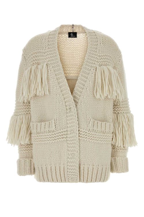 Fringed Crochet Knit Cardigan — Beige